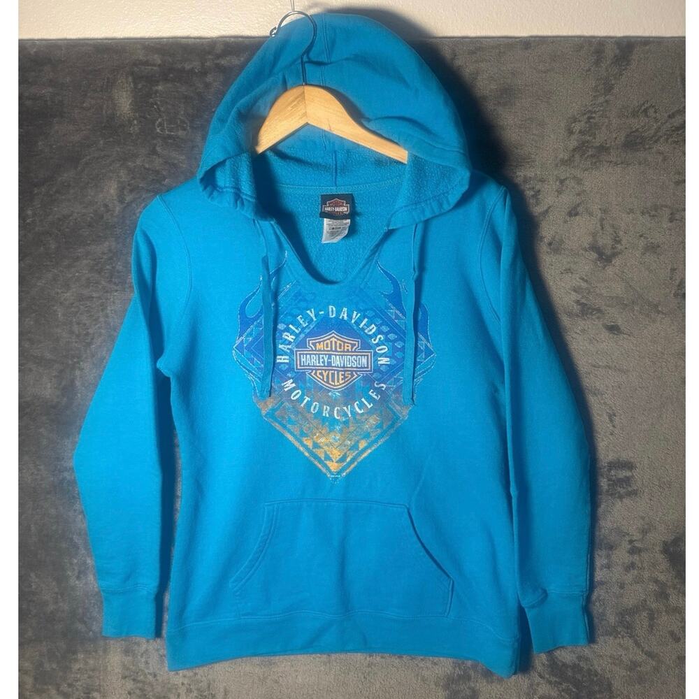 Harley Davidson Hoodie Womens MED Blue Hot Metal West Mifflin PA V-Neck Pullover